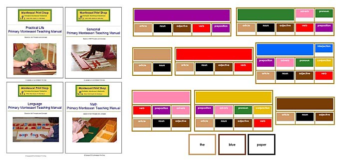 Montessori Print Shop Materials Sample - Primary Teaching Albums and Elementary Grammar Boxes