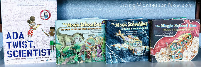 Shelf with Ada Twist, Scientist and Magic School Bus Books