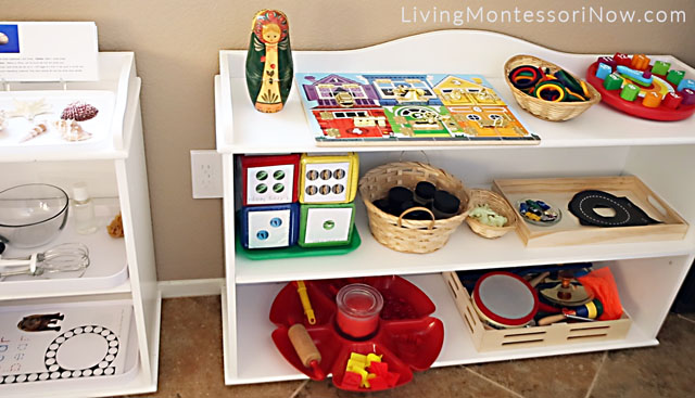 Shelf with Educational Toys, Sensorial, Math, Music, and Movement Activities